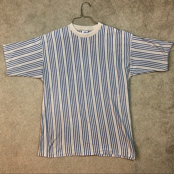 Vtg Tan with Blue Stripes Tee - Picture 6 of 9